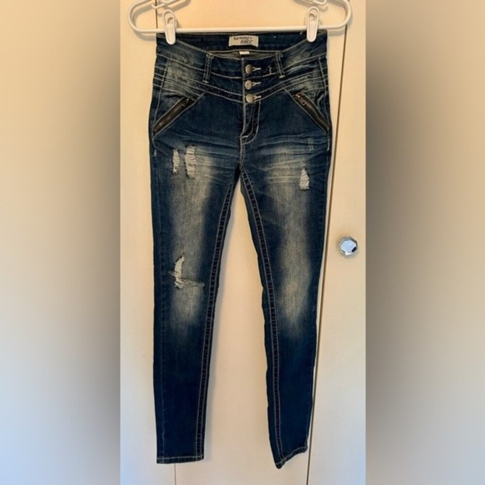 Harmony + Havoc distressed skinny jeans 3 Button Zip Fly size 0 Zipper Pockets